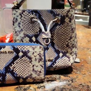 Michael Kors Blue and Gray Snake Print Shoulder Bag Includes Wallet